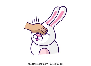 Cute Bunny has eyes closed by someone. Vector Illustration. Isolated on white background.