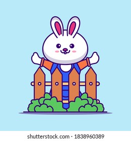 cute bunny having fun behind fence, surrounded by grass, animal themes, cartoon illustration, ep 10