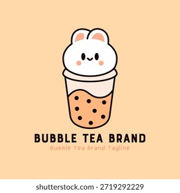 Cute bunny head as bubble tea cup lid logo. Playful boba drink mascot for beverage brand and cafe.