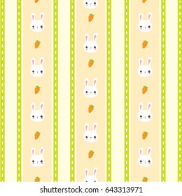 Cute bunny head and carrots pattern in pastel yellow and orange stripe background 