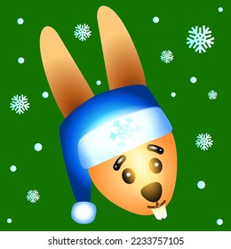 A cute bunny head in a Christmas hat smiles on a green background. Vector illustration of a Christmas character.