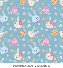 Cute bunny head with Easter egg and flowers seamless pattern.