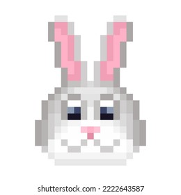 Cute bunny head flat style vector isolated illustration, bunny pixel art character bunny icon. Design elements for logo farm, sticker, children mobile application. Game assets.