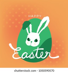 A cute bunny head in front of the large green egg on the pink orange and polka dots pattern background. Hand written word "Easter" for happy holiday.