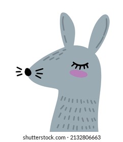 Cute bunny. Head of gray rabbit. Funny hare character with big ears.