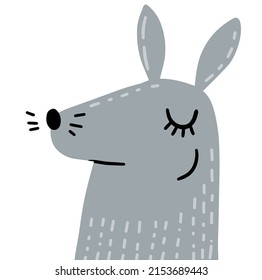 Cute bunny. Head of gray rabbit. Funny hare character with big ears. Print for children T-shirts and cards. Flat cartoon drawn illustration