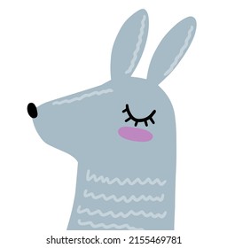 Cute bunny. Head of gray rabbit. Funny hare character with big ears. Print for children T-shirts and cards. Flat cartoon drawn illustration
