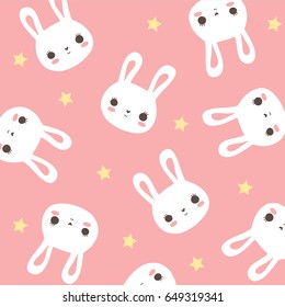 Cute bunny head and little stars pattern in pastel pink background