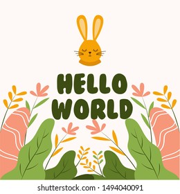 Cute bunny head saying hello world flat vector illustration