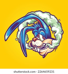 Cute bunny head with weed smoke cartoon logo illustrations vector illustrations for your work logo, merchandise t-shirt, stickers and label designs, poster, greeting cards advertising business company