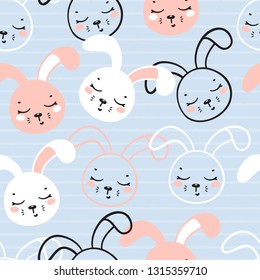 Cute Bunny Heads Blue Striped Seamless Pattern. Easter Little Rabbit Faces Background for Kids. Cartoon Animal Vector Illustration. Baby Shower Scandinavian Design with Sleeping Hares