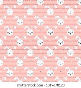 Cute Bunny Heads Striped Seamless Pattern. Easter Little Rabbit Faces Background for Kids. Baby Shower Scandinavian Design with Sleeping Hares and Stars. Cartoon Animal Vector Illustration