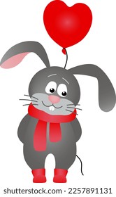 Cute bunny with heart balloon. Vector illustration. Isolated image on a transparent background.