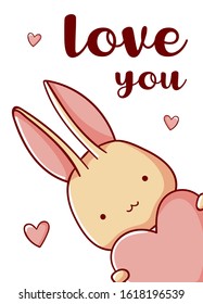 Cute bunny with heart cartoon kawaii print love you flat hand drawn on white background