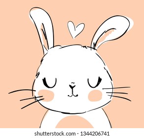 Cute Bunny and heart. Childish illustration of a rabbit. Vector. Design print for t-shirt.