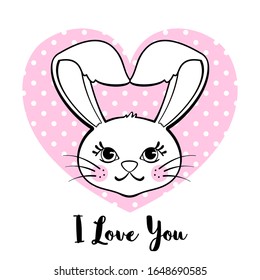 Cute bunny with heart isolated on white background. Design element for t-shirt print, apparel, baby shower posters or greeting cards. Love concept. Vector illustration.
