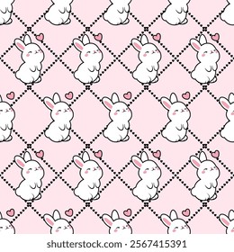 Cute Bunny and heart on diamond pattern background. Vector seamless pattern. Design for Valentine festival decoration, background, wrapping paper, wallpaper and textile.