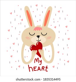 Cute bunny with a heart on a white background.