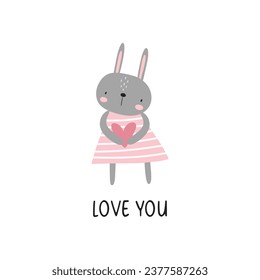 Cute bunny with heart is a pink dress, love you valentines card