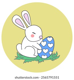 cute bunny with heart shape easter eggs in spring meadow on green grass. Vector illustration cartoon design.