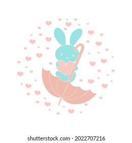 Cute bunny with a heart and an umbrella. A print for children's clothing or a postcard design.