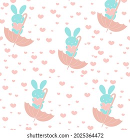 Cute bunny with a heart and an umbrella. Seamless pattern for baby teksil or packaging