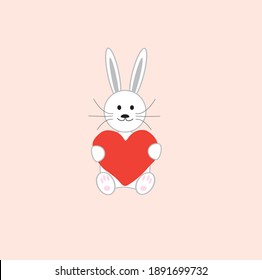 cute bunny with heart valentine's day greeting card design isolated on light red background