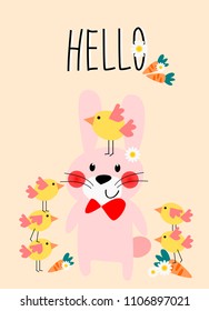 Cute bunny with hello background for greetings card theme.