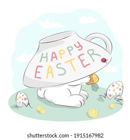 Hermoso lindo escondido bajo un té con zanahoria y huevos de Pascua. Ilustración vectorial dibujada a mano de dibujos animados. Tarjeta de saludo en tonos pastel