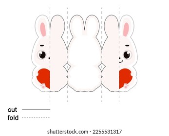 Cute bunny hold heart. Fold long greeting card template. Great for St. Valentine day, birthdays, baby showers. Printable color scheme. Print, cut out, fold. Vector stock illustration.