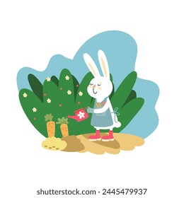 Cute bunny hold watering can put water carrot. Happy white rabbit in garden growing  fresh vegetable. Funny hare in spring. Cartoon character, hand drawn vector illustration for kids. Flat design.