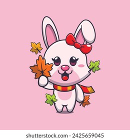 Cute bunny holding autumn leaf. Mascot cartoon vector illustration suitable for poster, brochure, web, mascot, sticker, logo and icon.
