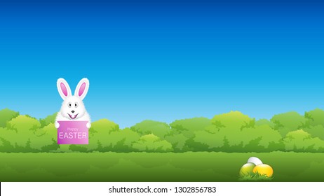 Cute bunny is holding a banner.Easter greeting card vector illustration