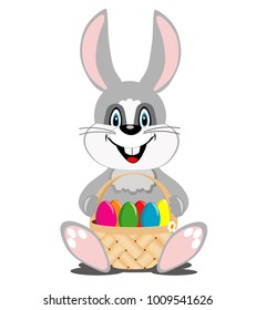 Cute Bunny holding a basket with Easter eggs. Illustration on white background isolated.