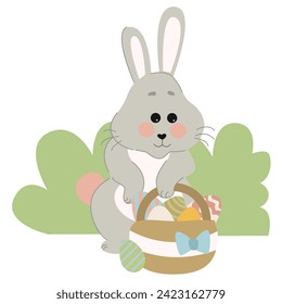 Cute bunny holding a basket with Easter eggs. Rabbit icon isolated on white background. For Moon Festival, Chinese Lunar Year of the Rabbit, Easter decoration.