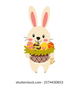 Cute bunny holding a basket with Easter eggs, character design for Easter, vector illustration in flat style on a white background