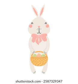 Cute bunny holding basket of Easter eggs character illustration. Hand drawn flat style design, isolated vector. Holiday clip art, kids print element, seasonal card, banner, poster