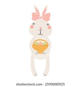 Cute bunny holding basket of Easter eggs character illustration. Hand drawn flat style design, isolated vector. Holiday clip art, kids print element, seasonal card, banner, poster