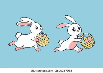 A cute bunny holding a basket of Easter eggs