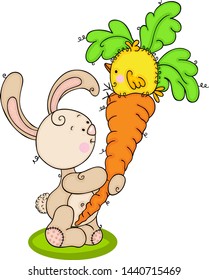 Cute bunny holding a big carrot with yellow bird on top