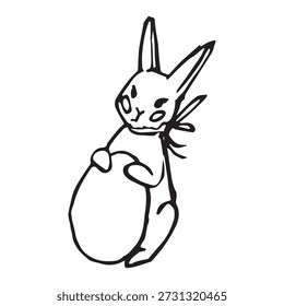 Cute bunny holding a big Easter egg, hand drawn black line art illustration, whimsical doodle style, isolated on white background, perfect for Easter designs and greeting cards