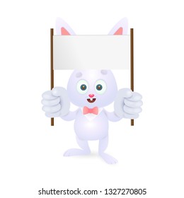 Cute bunny holding blank banner. Easter greeting card or poster template. For leaflets, brochures, invitations, posters or banners.