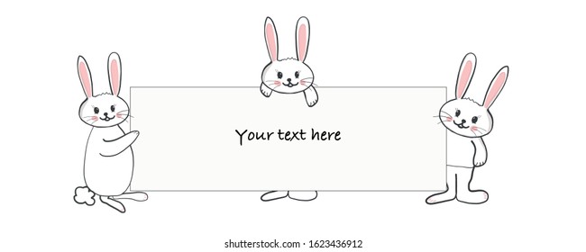 Cute bunny holding a blank banner. Easter greeting card, advertisement, fashion, t-shirt design element vector illustration background