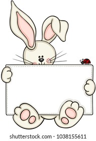 Cute bunny holding blank label with little ladybug
