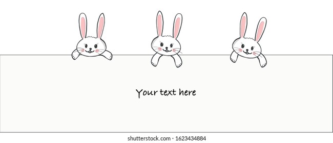 Cute bunny holding a blank white banner. Easter greeting card, advertisement, fashion, t-shirt design element vector illustration background