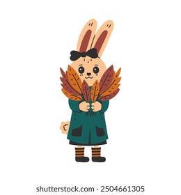 Cute Bunny Holding Bouquet of Autumn Leaves. Adorable hand drawn Hare Character  in coat with Fall Leaf. Kawaii Rabbit wearing Fall outfit with Orange Foliage. Isolated vector illustration