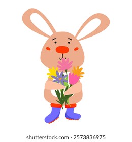 Cute bunny holding bouquet of colorful flowers and wearing boots. For spring or gardening themed, children books, greeting cards, or nursery decor