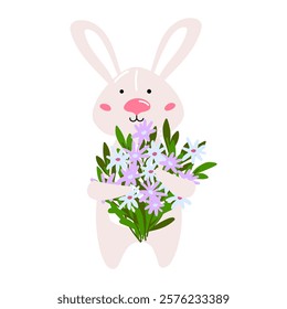 Cute bunny holding bouquet of spring flowers. For Easter cards, mother day cards, children designs, or spring-themed decorations