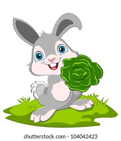 A cute bunny holding a cabbage and smiling. Cartoon character.
