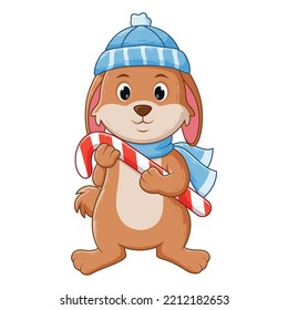 Cute Bunny Holding Candy Cane. Vector Cartoon Illustration